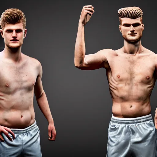 Image similar to a realistic detailed photo of a guy who is an attractive humanoid who is half robot and half humanoid, who is a male android, soccer player timo werner, shiny skin, posing like a statue, blank stare, in a living room, on display, showing off his muscles, with a twin