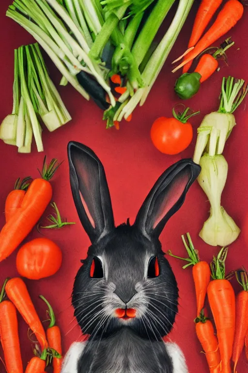 Prompt: portrait of rabbit, demon eyes, dracula fangs! haunted house, celery tomatoes carrots in background