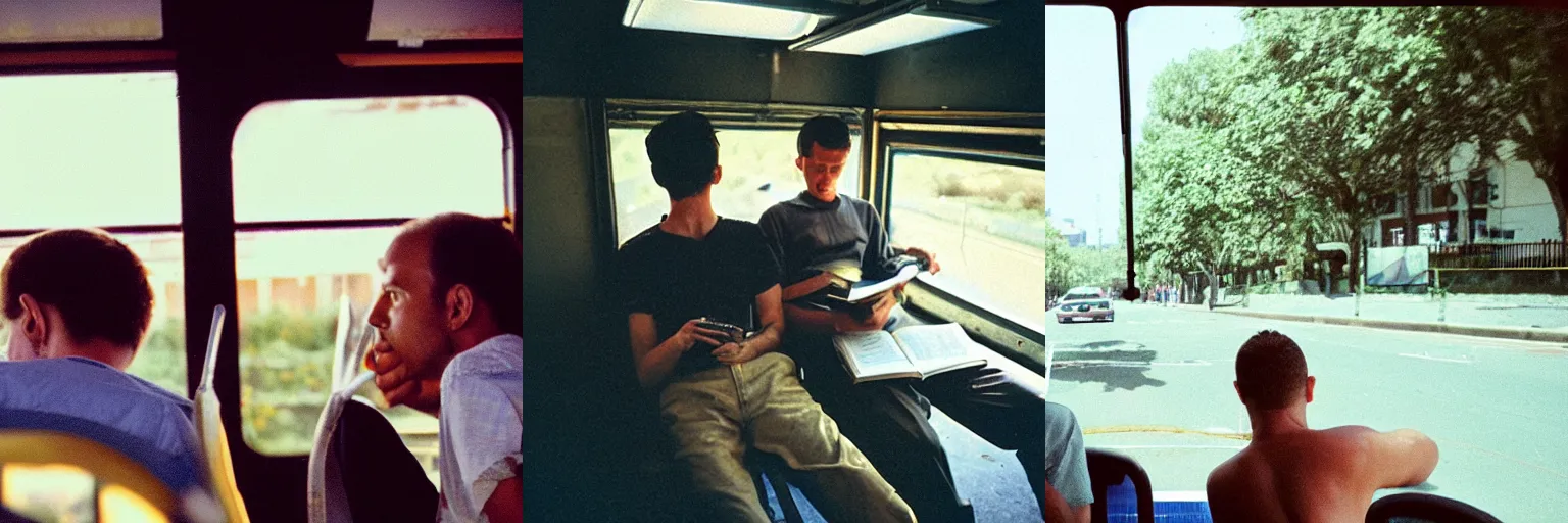 Prompt: two guys in their 20\'s sitting at the back of the city bus, sweating a lot, scorching heat, one is reading a book, shot on superia 400 filmstock