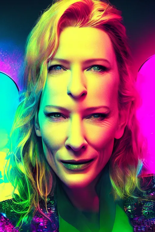 Image similar to cate blanchett ,neon colors, strong lighting, by Josan Gonzalez, HD, 4K