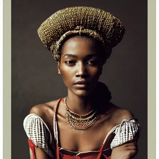 Prompt: portrait of young afro woman in renaissance dress and renaissance headdress, art by peter lindbergh