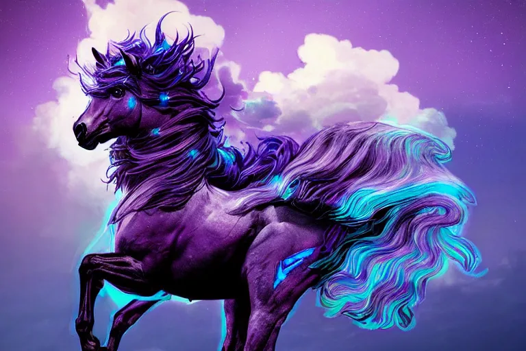 Image similar to a stunning horse with bioluminescent mane and tail running in the clouds by sandra chevrier and greg rutkowski, purple blue color scheme, vaporware, retro, outrun, high key lighting, volumetric light, digital art, highly detailed, fine detail, intricate, ornate, complex, octane render, unreal engine, photorealistic