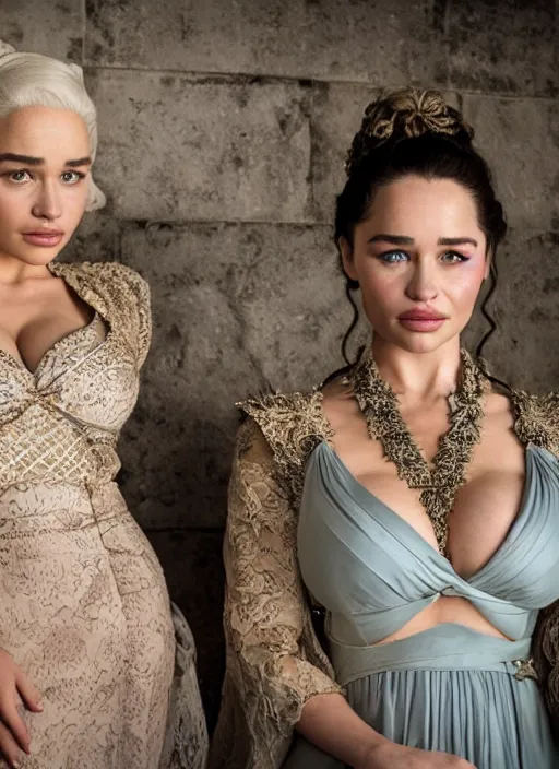 Prompt: portrait of lindsey pelas and emilia clarke wearing kebaya, still from game of thrones, by charlotte grimm, studio light, detailed face, canon eos c 3 0 0, ƒ 1. 8, 3 5 mm, 8 k, medium - format print, half body shot