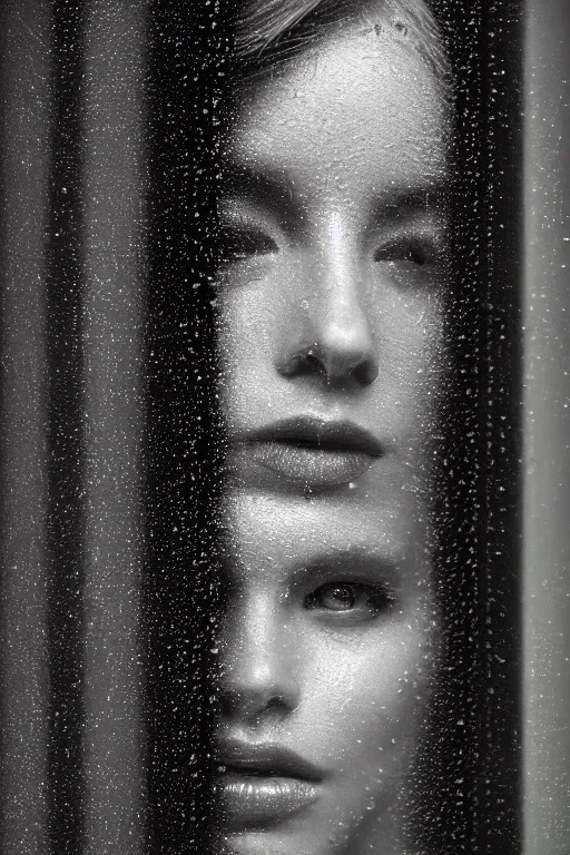 Prompt: close up of a models face looking out a window on a rainy night photographed by Mark Seliger, rain drops on window, rain, green and purple hair, photo realistic, uplight, nighttime, city light reflections