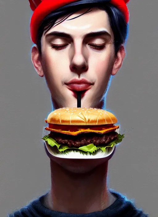 Prompt: portrait of jughead jones, eating a hamburger, wearing a grey crown, eyes closed, intricate, elegant, glowing lights, highly detailed, digital painting, artstation, concept art, smooth, sharp focus, illustration, art by wlop, mars ravelo and greg rutkowski