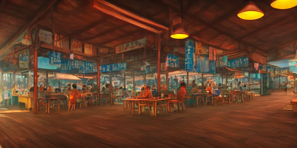 Prompt: interior of a kopitiam at pulau indah fishing village, near a jetty, early morning, hyperrealistic, detailed matte painting, low angle view, telephoto lens, bokeh, studio ghibli, artstation