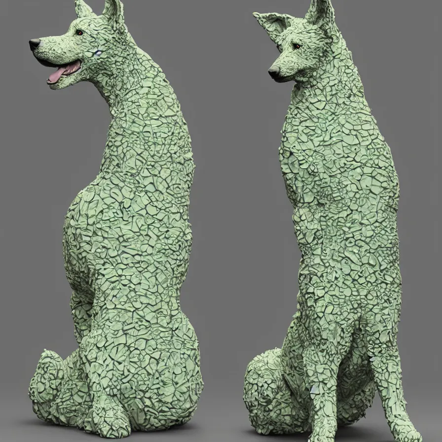 Image similar to beautiful gallery show studio photograph of a giant realistic ceramic sculpture of a german shepherd dog, 3 d fractal structure, celadon glaze, placed on a polished wooden table, colorful hyperrealism 8 k trending on artstation