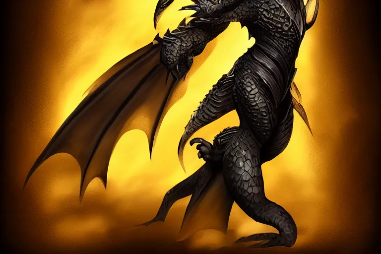 Image similar to full body digital illustration ofa young dragon of black and gold by randy vargas, studio lighting, concept art, matte background, deviantart, artstation