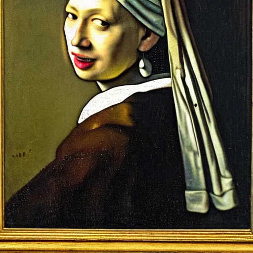 Image similar to a portrait of Benjamin Netanyahu smiling with a pearl earing in the style of Johannes Vermeer