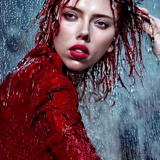 Image similar to close up of face of a wet fashion model scarlet johansson in luxury dress, heavy rain, dramatic lighting, official dior editorial, highly detailed