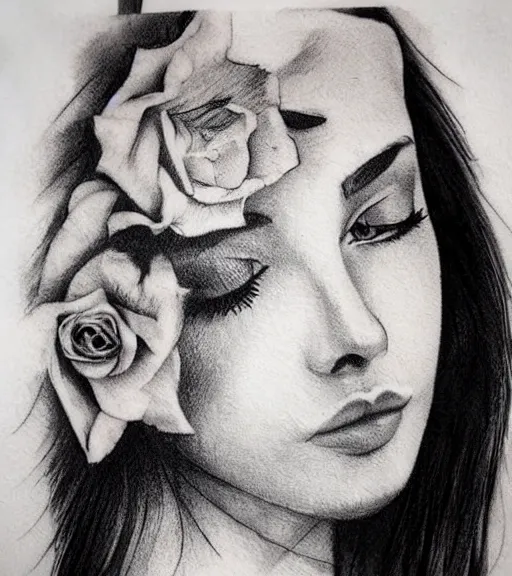 Prompt: tattoo design sketch of a beautiful woman face faded against a background of beautiful mountains and nature, hyper - realistic, in the style of den yakovlev, amazing detail, black and white