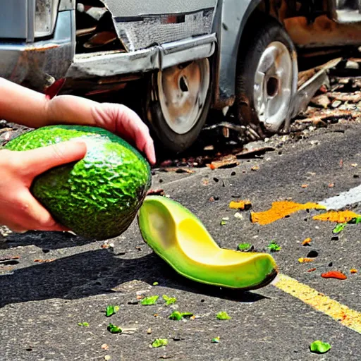 Image similar to avocado truck accident, people picking avocados from the road, highly detailed photograph