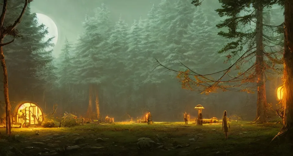 Image similar to A quiet tavern in the middle of a forgotten magical forest, large trees, mushrooms, atmospheric, rendered by simon stålenhag, rendered by Beeple, Makoto Shinkai, syd meade, environment concept, digital art, starwars, Gundam Style, unreal engine, 3 point perspective, WLOP, trending on artstation, low level, 4K UHD image, octane render,