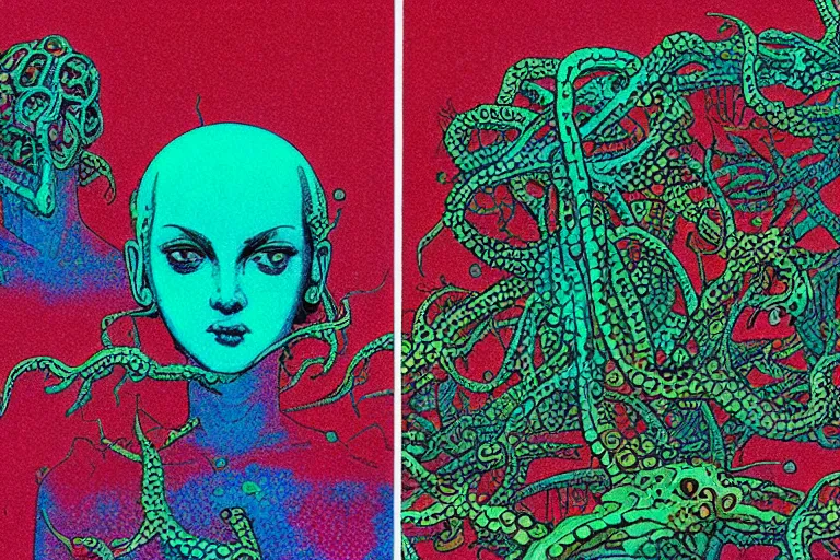 Prompt: risograph grainy drawing vintage sci - fi, satoshi kon color palette, gigantic gundam full - body covered in iridescent dead coral reef 1 9 6 0, kodak, with lot tentacles, natural blue - green colors, codex seraphinianus painting by moebius and satoshi kon and dirk dzimirsky close - up portrait