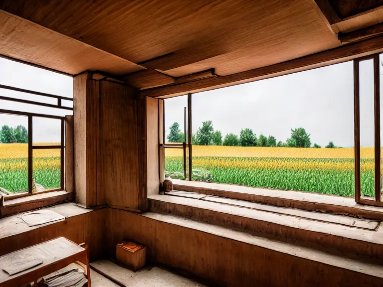 Prompt: hyperrealism design by frank lloyd wright and kenzo tange photography of beautiful detailed small house with many details in small detailed ukrainian village designed by taras shevchenko and wes anderson and caravaggio, wheat field behind the house, around the forest volumetric natural light