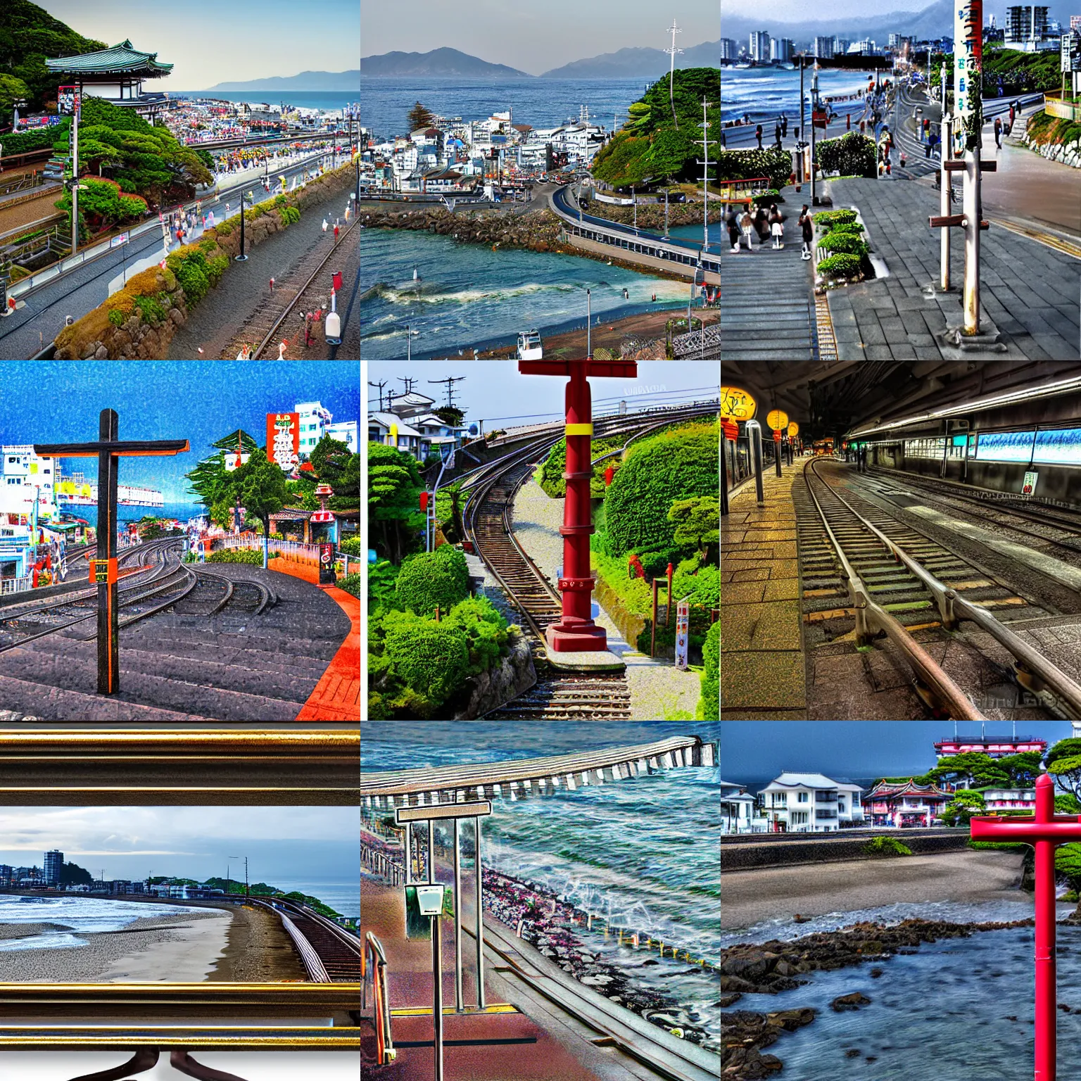 Prompt: A landscape of Photorealistic photo, Japan Shonan Enoshima, highly detailed, railway cross