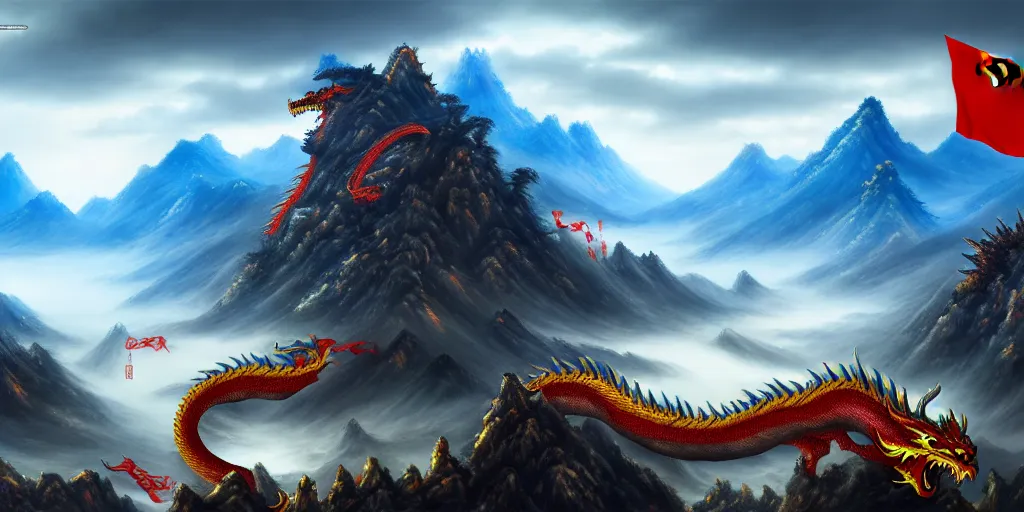 Image similar to Chinese president, bananas weapon, battle, dragon, centered, highly detailed, mountains, epic composition, background, fantasy art, oil painting, 8k