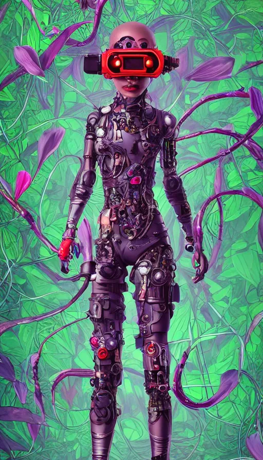 Image similar to full body head to toe portrait of a flowerpunk sci-fi cyborg spy, third person, D&D, sci-fi fantasy, intricate, red VR goggles, lily and clematis vines and sunflower, highly detailed, art by Range Murata, highly detailed, 3d, octane render, bright colors, digital painting, trending on artstation, sharp focus, illustration style of Stanley Artgerm, dramatic background