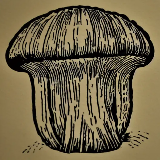 Image similar to a linocut engraving of an intelligent mushroom