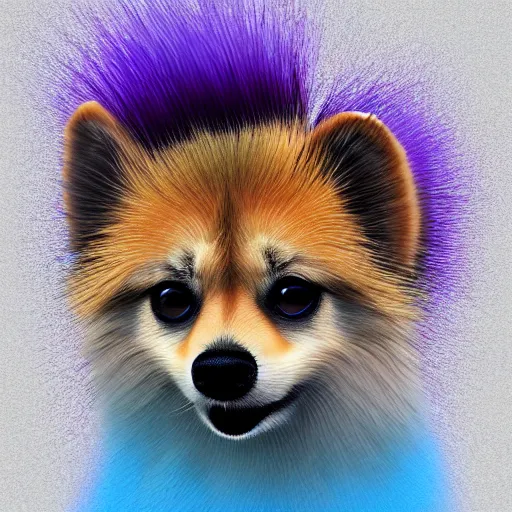 Image similar to hybrid animal cross between pomeranian dog and cheetah with long colorful mohawk hairstyle, detailed painting 4 k