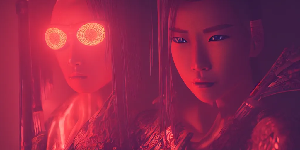 Image similar to portrait of samurai woman, red cyberpunk, red neon glow environment, by Eddie Mendoza, detailed, octane render, cryengine, unreal engine 5,