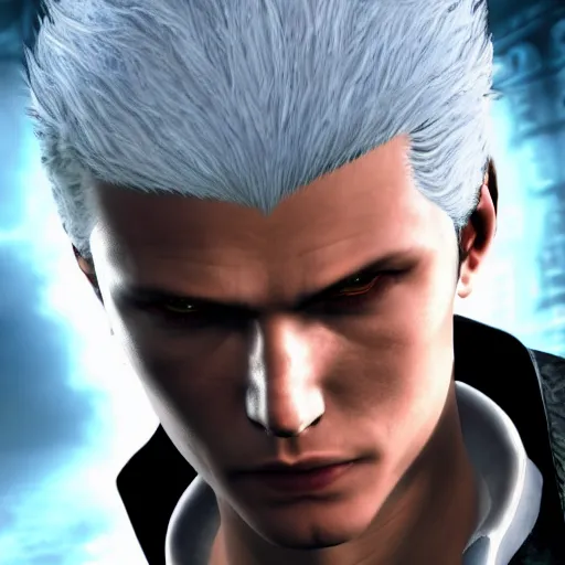 Image similar to Vergil, son of Sparda, beautiful, game screenshot, detailed face, aesthetic, realistic, soft lights