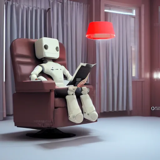 Image similar to futuristic lonely matte brown and red full-body humanoid robot with two huge round expressive sad LED eyes and open rectangular mouth sitting on a large comfortable cushioned 1950s vintage recliner reading a newspaper. open newspaper. Cinematic Movie Photograph, Arri Alexa, Extremely Detailed, smooth, very very clean, 8K, octane render, maya render, unreal engine, trending on artstation, DSLR, excellent composition, center frame