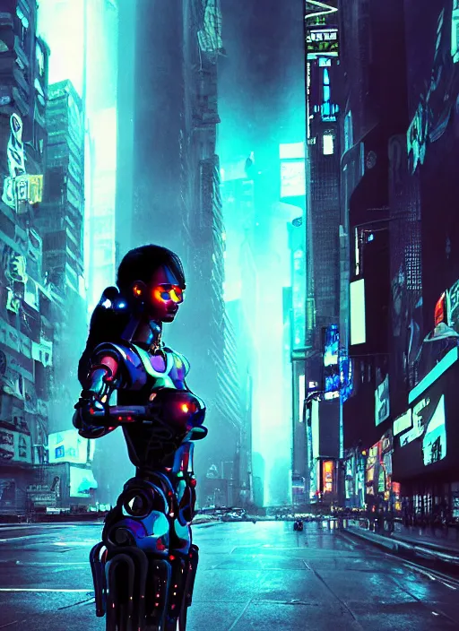 Image similar to cyberpunk,sci-fi, fantasy,Kodak Portra 400, 8K, soft light, volumetric lighting, highly detailed photo of a beautiful cyborg robot woman in a street of new york + face,night, fog, cyan lighting, intricate, elegant, highly detailed, digital painting, artstation, concept art, smooth, sharp focus, illustration,art by artgerm and greg rutkowski and alphonse mucha , sigma art 85mm F1.8