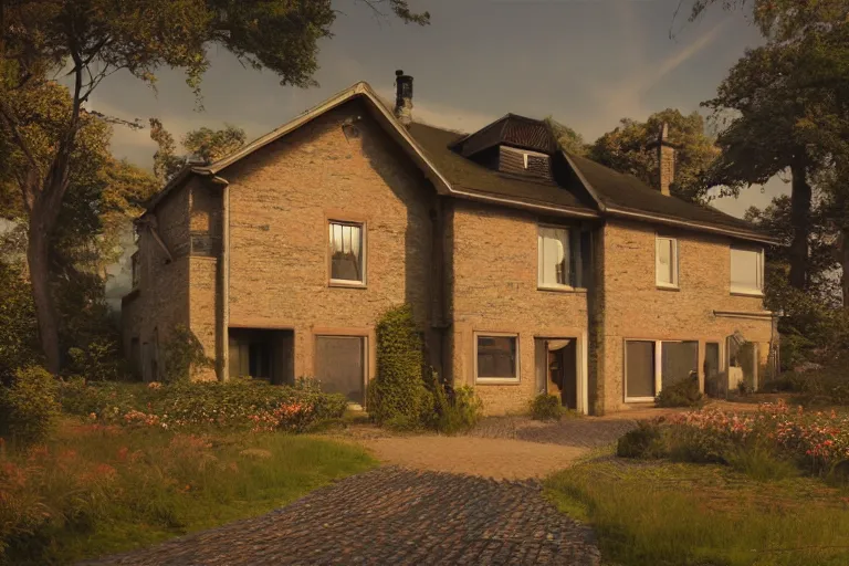 Image similar to cyberpunk, an estate agent listing external photo of a 5 bedroom detached house in the countryside, by Paul Lehr, highly detailed, photorealistic, 8k, anamorphic, cinestill cinematrography