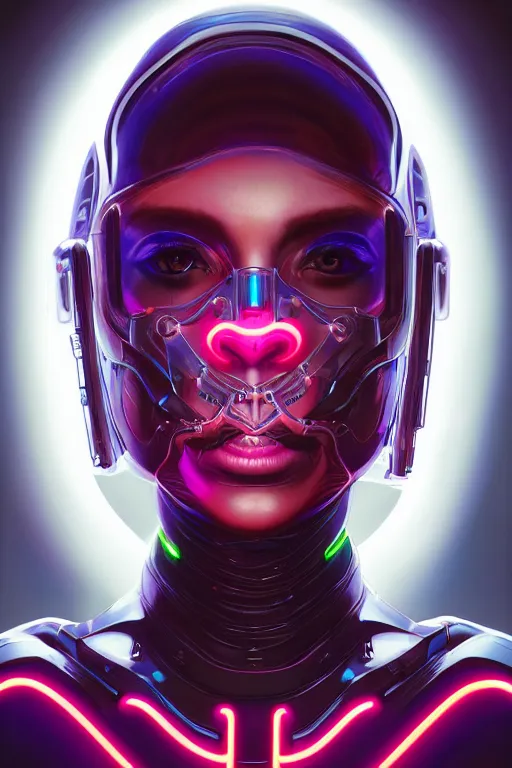 Image similar to portrait of a girl with a biomechanic armor and neon light by Jim Burns, dramatic lighting, highly detailed, trending on artstation