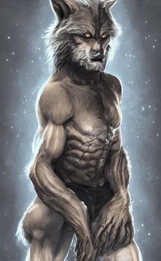 Image similar to Portrait of a rugged werewolf sitting down, male, muscular, space clothing!!!!!, highly detailed, cinematic lighting, digital art