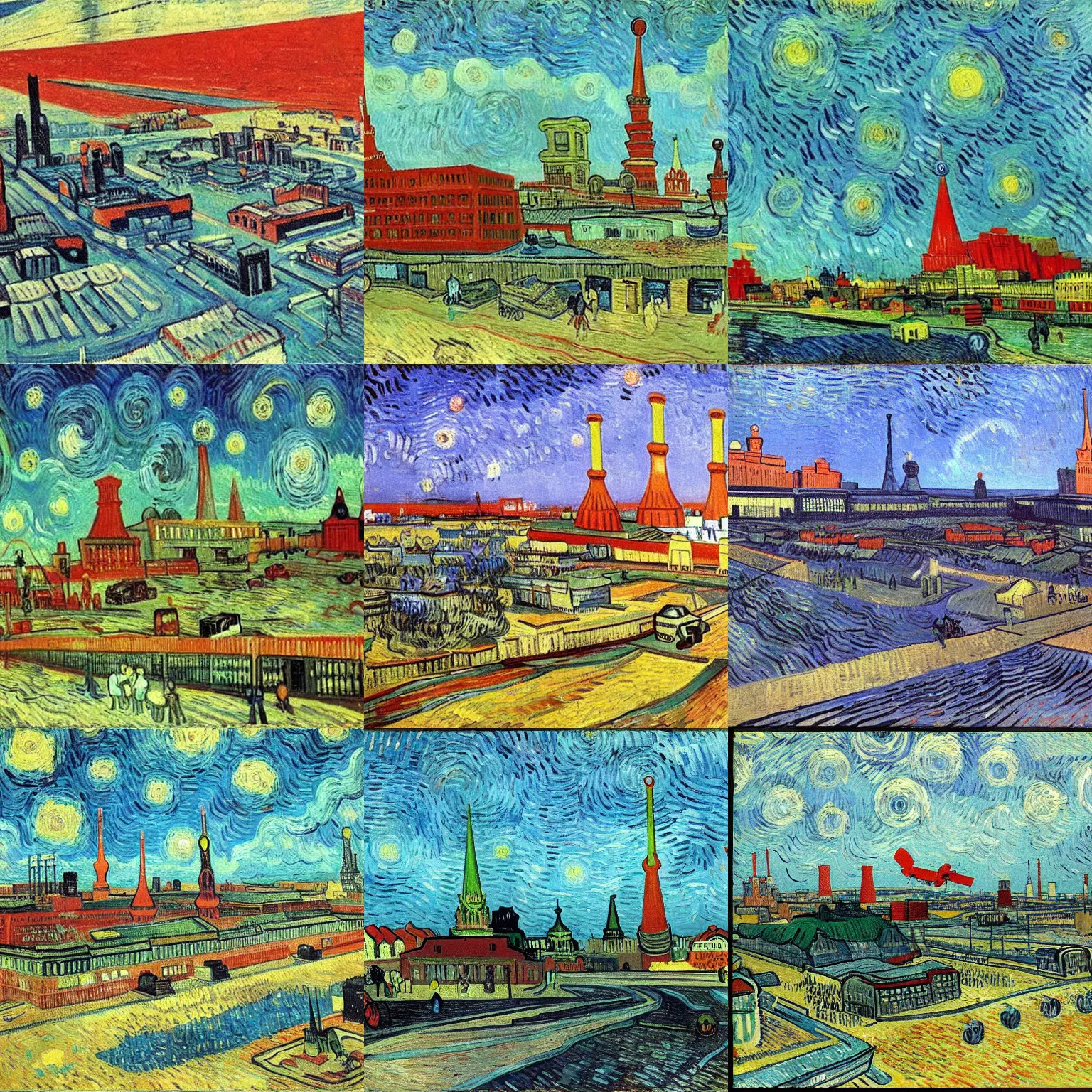 Prompt: soviet city with flying cars and and factories by Vincent Van Gogh