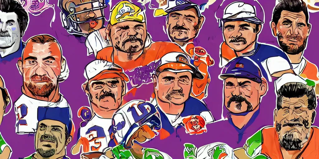 Image similar to Football players Butkus, Ditka, Walter Payton, as chefs inside Cthulhu, in the style of Lisa Frank