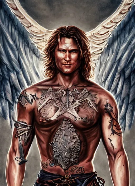 Image similar to front portrait of attractive Sam Winchester as a muscular warrior holding crossed swords metalic wings wide open, teared apart T-Shirt whole body tattooed with runes and satanic symbols, D&D!, fantasy style, sharp focus!, ultra detailed, art by Artgerm and Peter Andrew Jones, WLUP