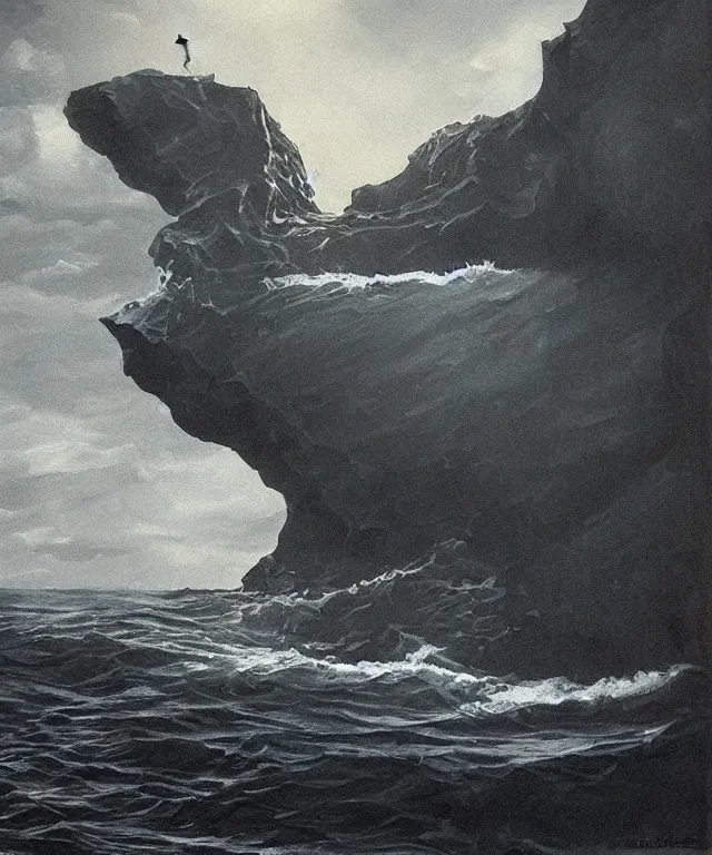 Image similar to photorealistic painting of a 1 9 2 5 seiner sailing near a tropical cliff with the mouth of a sea cave at the waterline, dark, brooding, atmospheric, lovecraft, horror, smooth, epic, highly detailed, cinematic, by lee gibbons