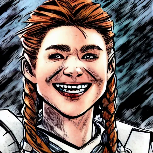 Prompt: portrait of laughing Aloy from Horizon: Zero Dawn, comic book illustration, by John Kirby