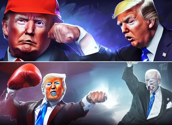 Image similar to hyper detailed ultra sharp full body character portrait of donald trump in a boxing match with joe biden, cinematic lighting, good value control, league of legends splash art, photorealistic eyes, smooth, realistic shading, enhance face, painted texture maps,