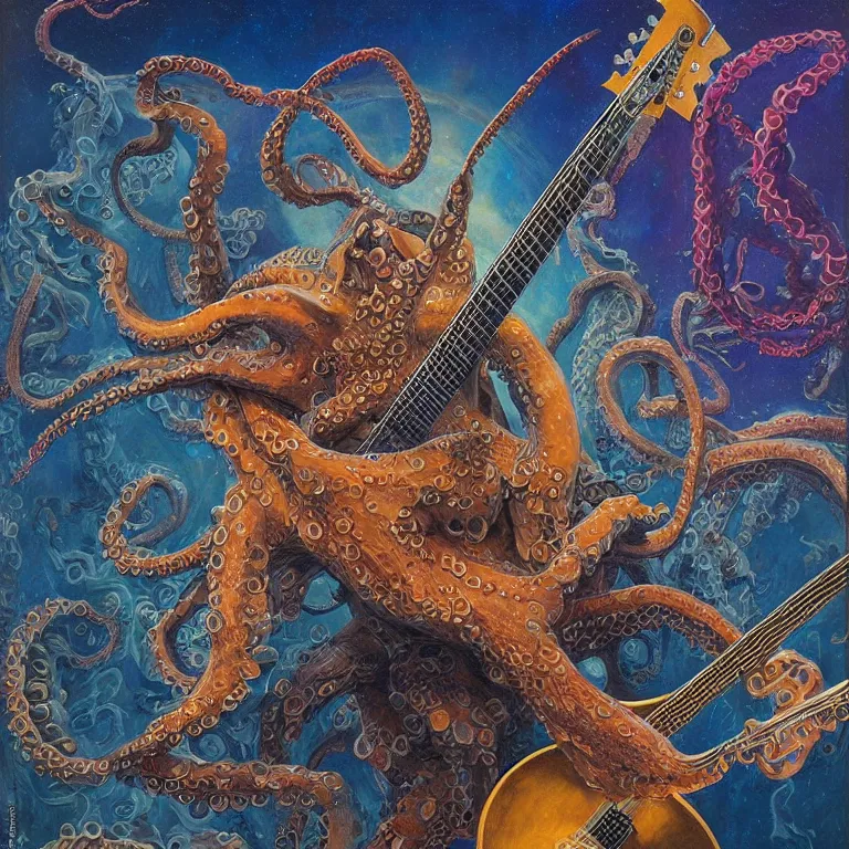 Image similar to a beautiful vinyl cover by donato giancola of an octopus playing drums and telecaster guitar in an electronic concert, dark background, concert light, dark mood, cold blue lights