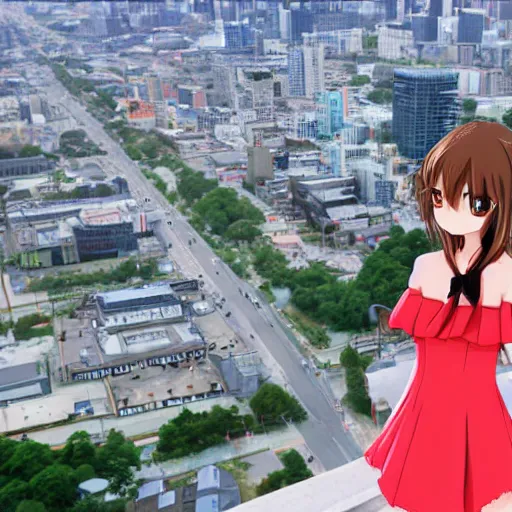 Image similar to anime girl looks from a cliff at a huge city