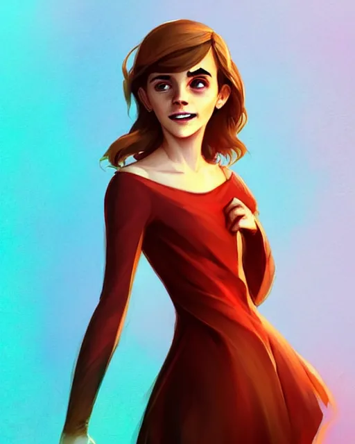 Image similar to beautiful full body Emma Watson smiling, pretty gold and red dress, art by lois van baarle and loish and ross tran and rossdraws and sam yang and samdoesarts and artgerm, digital art, highly detailed, intricate, sharp focus, Trending on Artstation HQ, deviantart, unreal engine 5, 4K UHD image