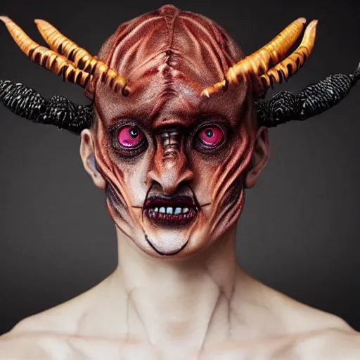 Prompt: a demon inspired by insects created by the make up artist hungry, photographed by andrew thomas huang, cinematic, expensive visual effects