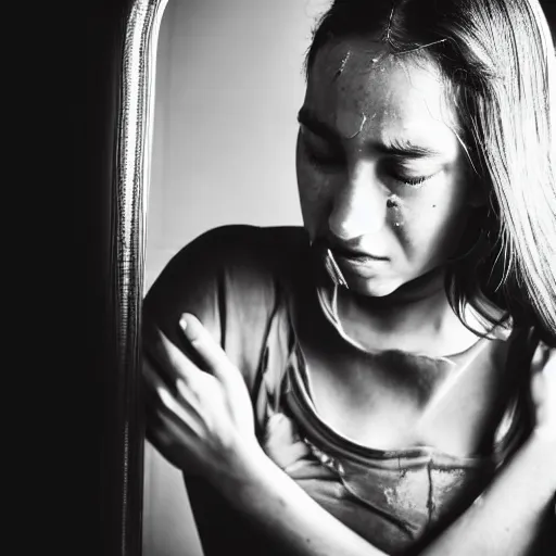 Prompt: black and white photograph of a girl crying into her arms in front of a bathroom mirror