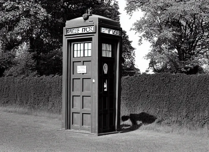 Image similar to photo of a metropolitan police box partially obscured by trees in rural london, police box, tardis, 1936, sepia