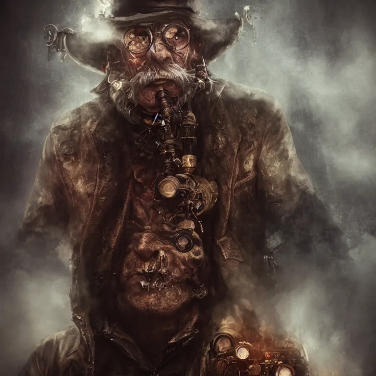 Image similar to a portrait of a steampunk elderly man as a demon on hell, dark, foggy, eerie, splash, sparkle, smoke, particles, octane render, unreal engine, artstation, digital art.