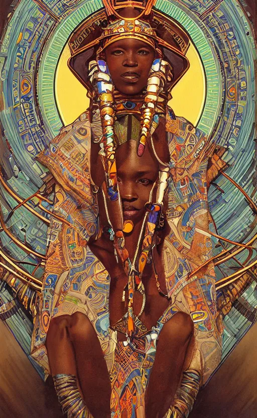 Image similar to a retro futuristic african tribal chief, art by joseph christian leyendecker, design blocking by alphonso mucha and drew struzan, highly detailed, digital painting, airbrush, concept art, illustration, smooth sharp focus, intricate, symmetry,