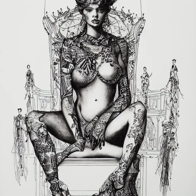 Prompt: salome full figure sitting on throne ink drawing by james jean very detailed high contrast xuan paper