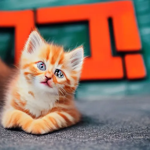 Image similar to cute fluffy orange tabby kitten with a sign that says