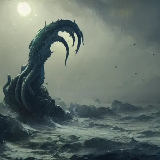 Image similar to Ph'nglui mglw'nafh Cthulhu R'lyeh wgah'nagl fhtagn | painting by Greg Rutkowski