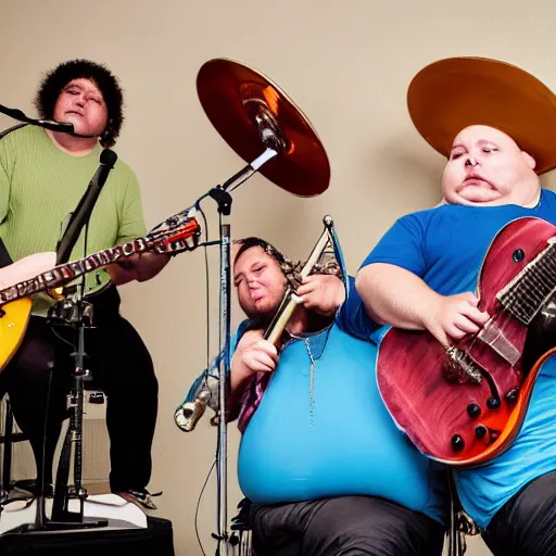 Prompt: 3 fat obese small frogs playing instruments in a band, high-definition photograph