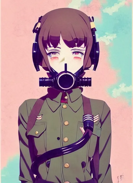 Image similar to singular girl with wearing ww 2 gas mask, ww 2 uniform, very anime!!! anime!! intricate details, aesthetically pleasing pastel colors, poster background, art by conrad roset and ilya kuvshinov